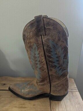 Brown Leather Cowboy Boot with Blue Stitching